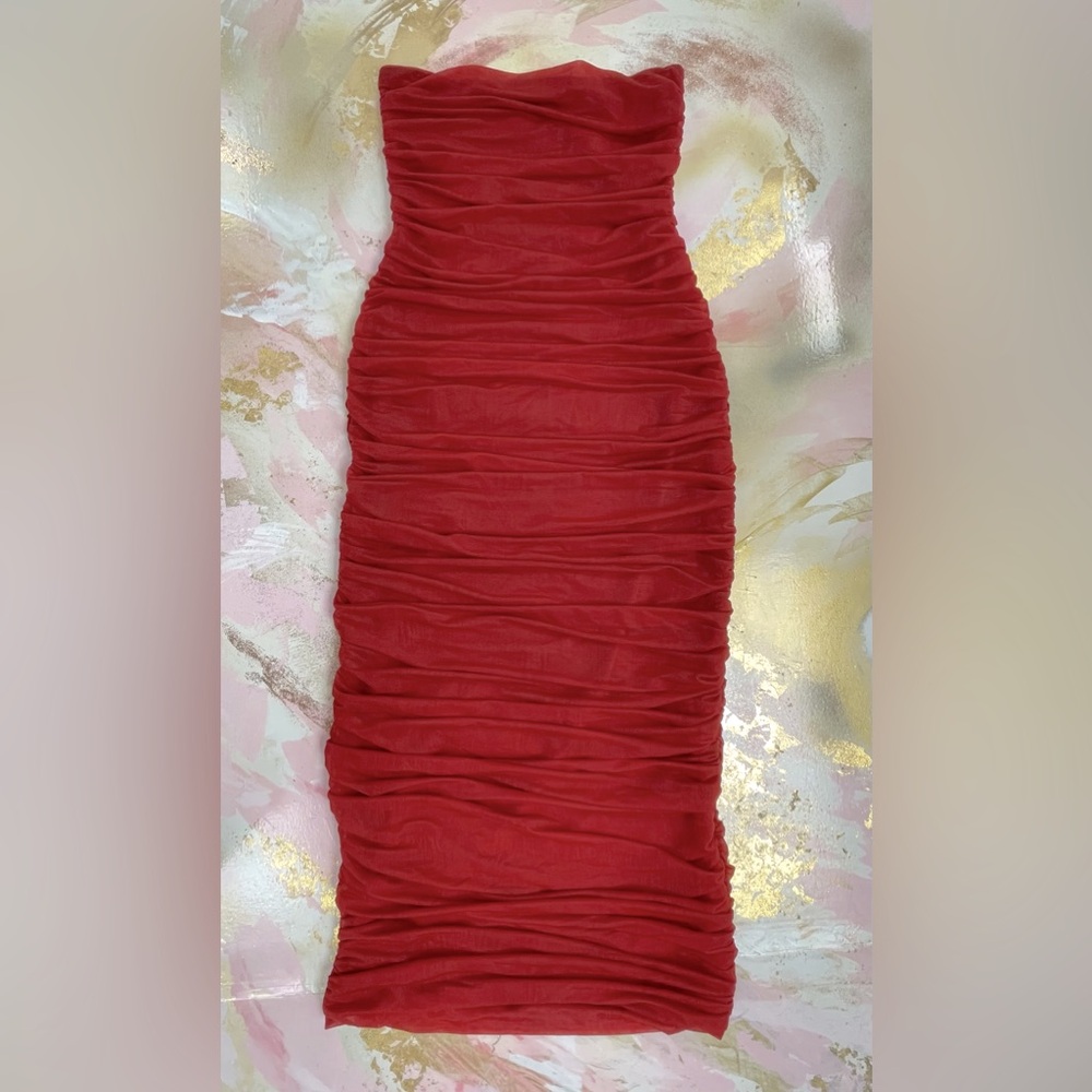 Zara red draped sheer strapless midi bodycon dress S